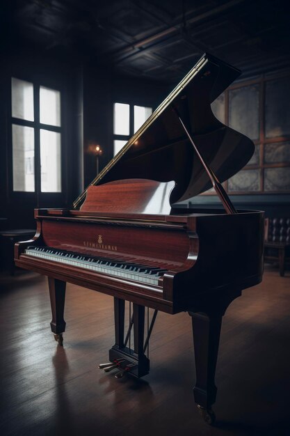 Incredibile fotografia di uno strumento di pianoforte a coda in camera oscura Generata dall'intelligenza artificiale