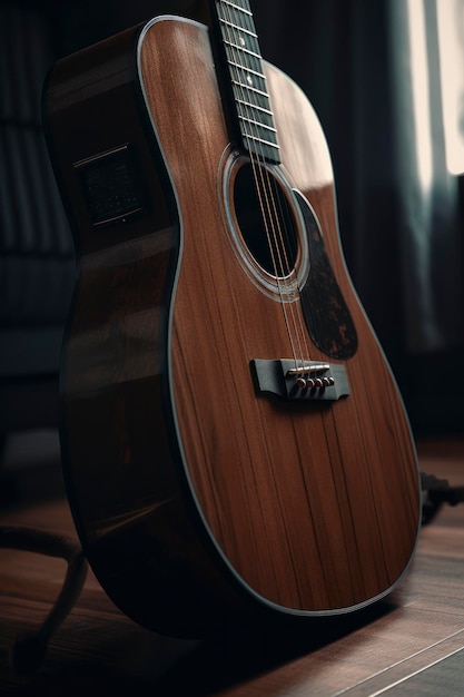 Incredibile fotografia di uno strumento per chitarra acustica in camera oscura Generata dall'IA