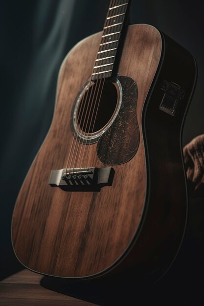 Incredibile fotografia di uno strumento per chitarra acustica in camera oscura Generata dall'IA