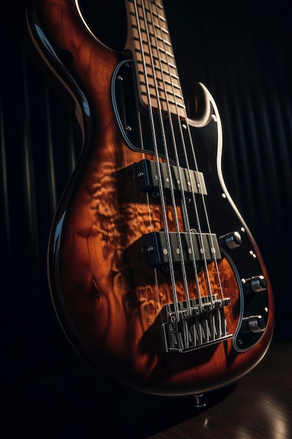 Incredibile fotografia di uno strumento per chitarra basso in camera oscura Generata dall'IA