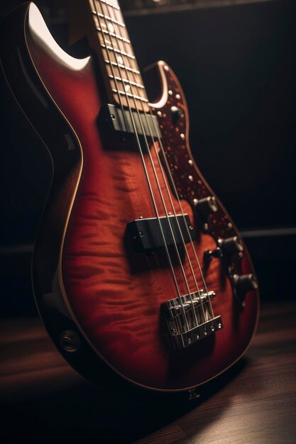 Incredibile fotografia di uno strumento per chitarra basso in camera oscura Generata dall'IA