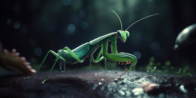 Incredibile fotografia macro di una mantide religiosa verde cyborg nella natura degli impianti robotici futuristici