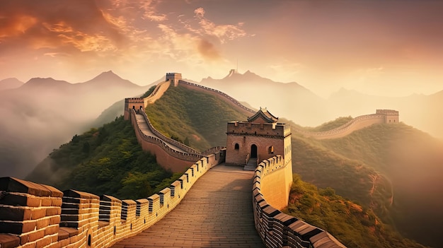 Incredibile grande muraglia cinese alba nebbiosa mattina Generative Aix9