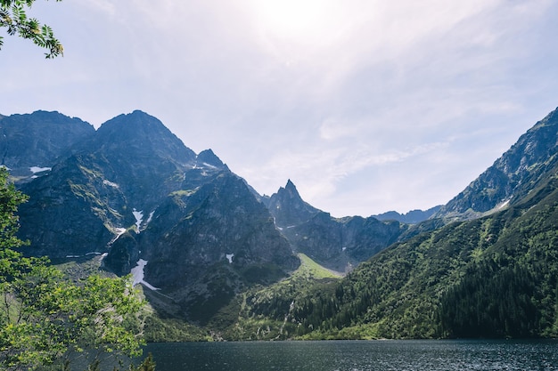 Incredibile lago naturale in montagna paesaggio estivo con cielo blu e riflesso nell'acqua