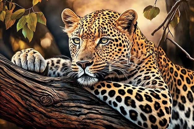Incredibile leopardo in Africa appollaiato sul ramo di un albero