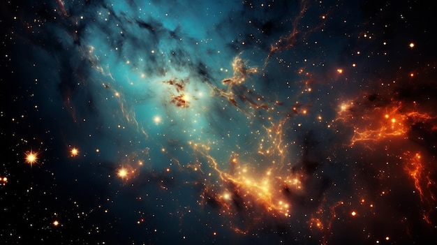 Incredibile nebulosa spaziale con stelle luminose e nuvole di gas colorate e luminose