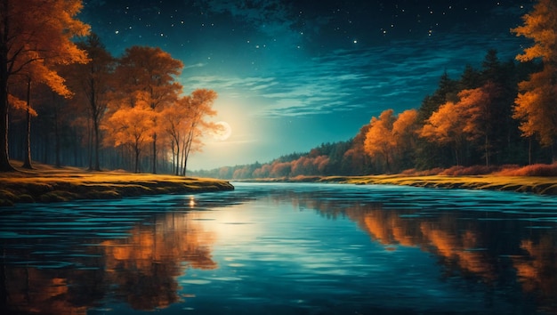 Incredibile paesaggio autunnale di notte al chiaro di luna paesaggio naturale idilliaco e pacifico bellissimo