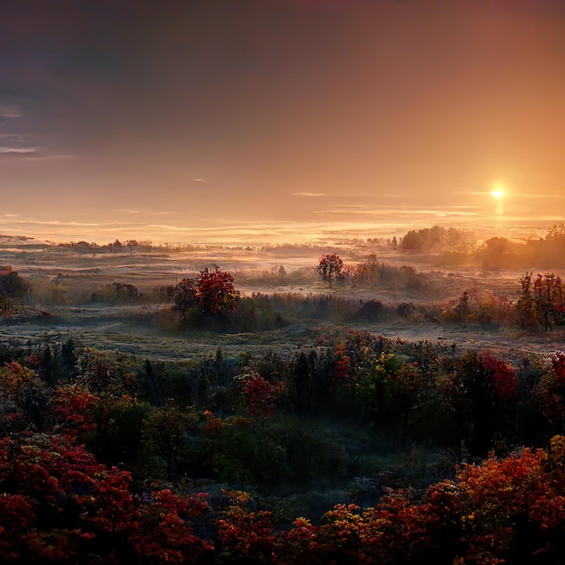 Incredibile paesaggio autunnale nebbioso Illustrazione 3D dello scenario idilliaco tranquillo e nebbioso della natura selvaggia