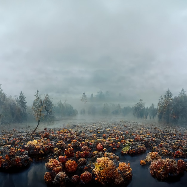 Incredibile paesaggio autunnale nebbioso Illustrazione 3D dello scenario idilliaco tranquillo e nebbioso della natura selvaggia