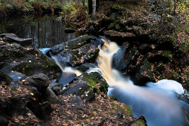 Incredibile paesaggio di cascate di montagna Foresta autunnale e cascata sullo sfondo