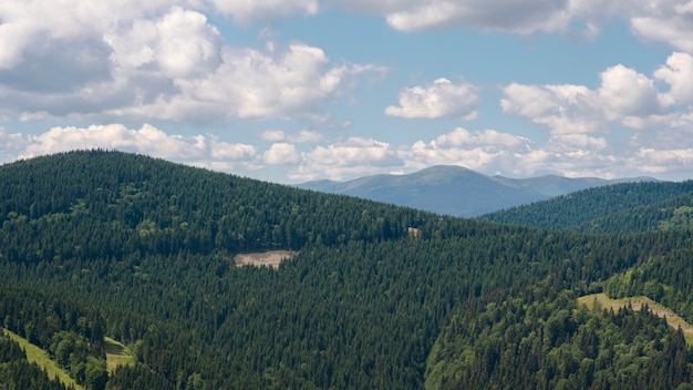 Incredibile paesaggio di montagna con cielo azzurro con nuvole bianche, soleggiata giornata estiva nei Carpazi, Ucraina. Sfondo naturale di viaggio all'aperto.