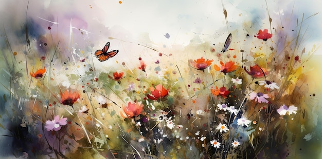Incredibile paesaggio dipinto in stile acquerello con farfalle di erba selvatica che volano e fiori IA generativa