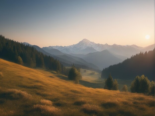 Incredibile paesaggio montano con tramonto vivido colorato sul cielo nuvoloso