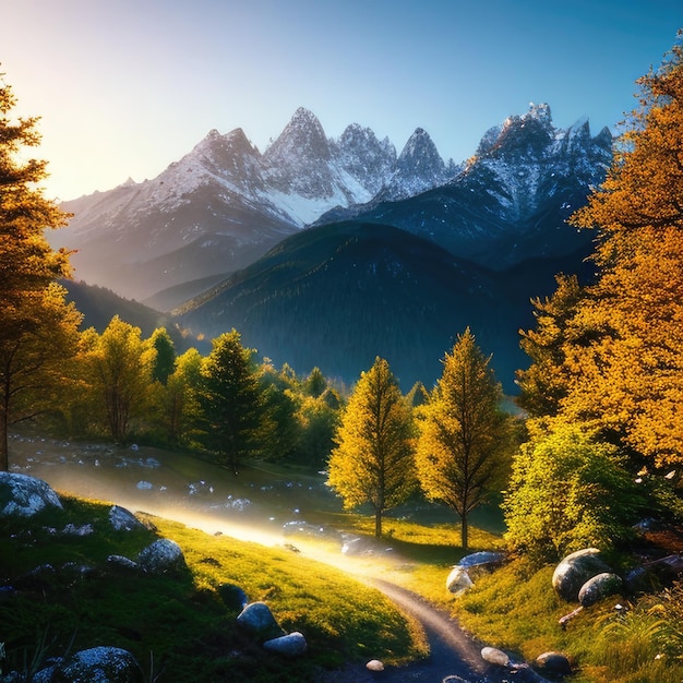 Incredibile paesaggio montano con tramonto vivido e colorato sul cielo generativo ai