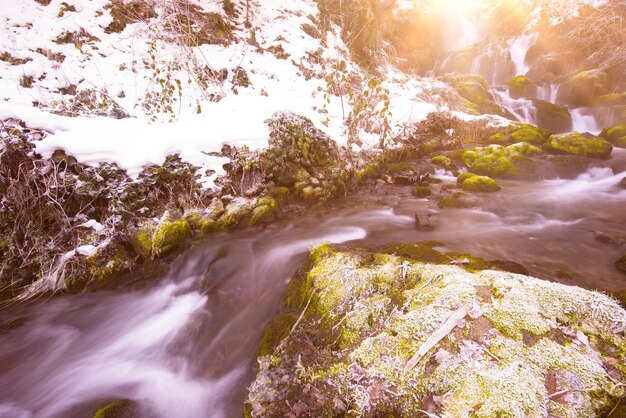 Incredibile paesaggio naturale, bellissima cascata con luce solare nella profonda foresta invernale