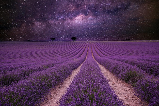 Incredibile paesaggio naturale. Splendido paesaggio notturno, cielo della Via Lattea con linee di lavanda in fiore