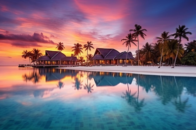 Incredibile panorama del tramonto alle Maldive Ville resort di lusso vista sul mare