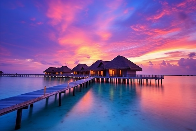 Incredibile panorama del tramonto alle Maldive Ville resort di lusso vista sul mare