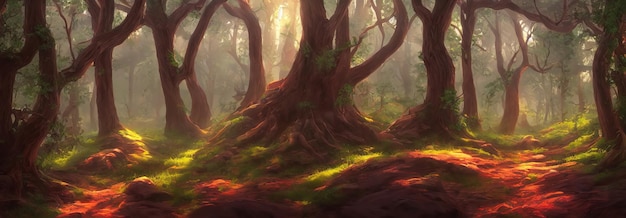 Incredibile panorama forestale di alberi in una soleggiata giornata estiva Tronchi d'albero spessi centuriosi Illustrazione 3d della nebbia mattutina