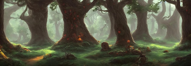 Incredibile panorama forestale di alberi in una soleggiata giornata estiva Tronchi d'albero spessi centuriosi Illustrazione 3d della nebbia mattutina