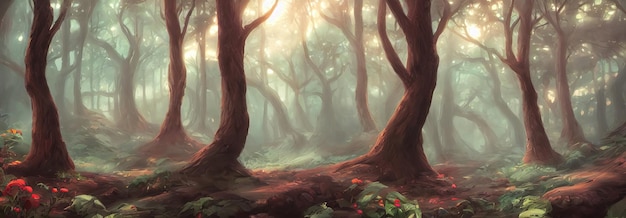 Incredibile panorama forestale di alberi in una soleggiata giornata estiva Tronchi d'albero spessi centuriosi Illustrazione 3d della nebbia mattutina