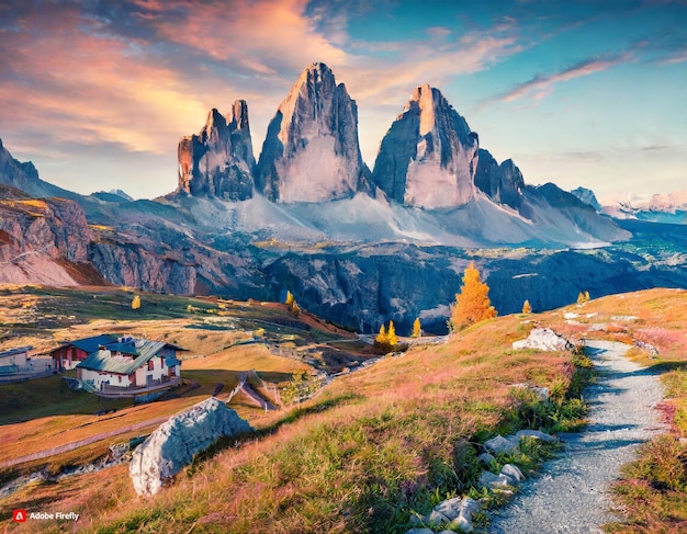 Incredibile scena autunnale del Parco Nazionale Tre Cime Di Lavaredo Maestosa vista mattutina delle Dolomiti Al...