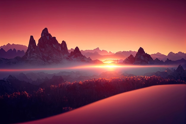 Incredibile scena con le montagne Alba dalla cima della montagna Bellissimo paesaggio in montagna all'alba