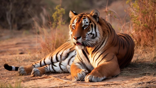 Incredibile tigre nell'habitat naturale pose di tigre durante l'ora della luce dorata