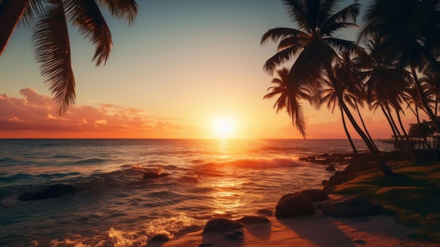Incredibile tramonto su una spiaggia tropicale con le palme