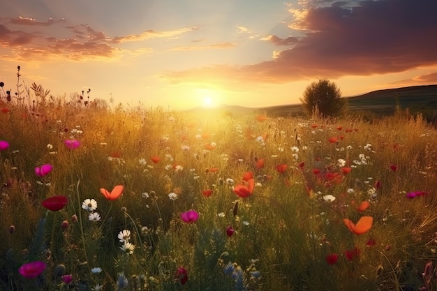 Incredibile tramonto su uno splendido paesaggio coperto di fiori IA generativa