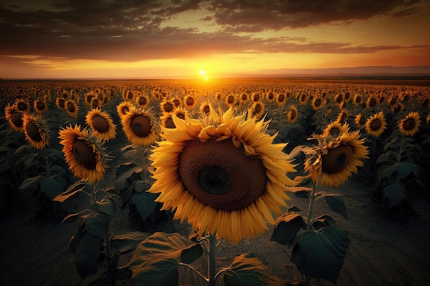 Incredibile tramonto su uno splendido paesaggio di grandi girasoli IA generativa