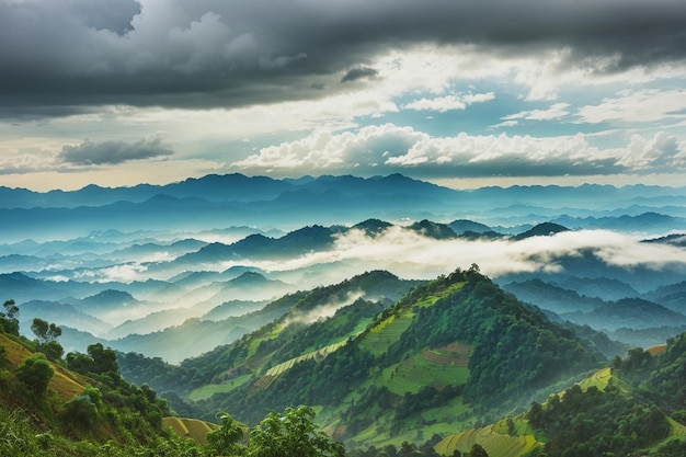 Incredibile vista della natura selvaggia di strato di foresta di montagna paesaggio con cielo nuvoloso paesaggio verde naturale di nuvole e pendii di montagna sfondo MaehongsonThailand vista panoramica