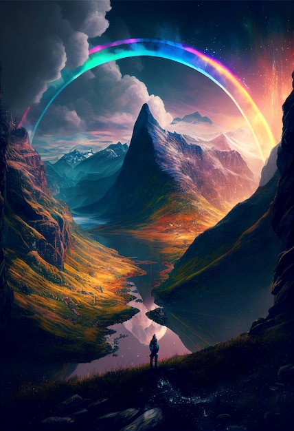 Incredibile vista paesaggistica della montagna con arcobaleno all'alba Illustrazione 2D creata con la tecnologia generativa AI