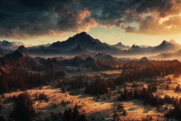 Incredibile vista paesaggistica della montagna con l'ora d'oro sull'illustrazione 2D del mattino dell'alba