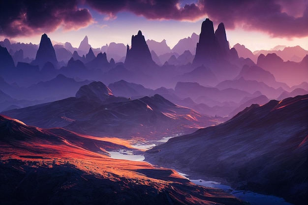 Incredibile vista paesaggistica della montagna con l'ora d'oro sull'illustrazione 2D del mattino dell'alba