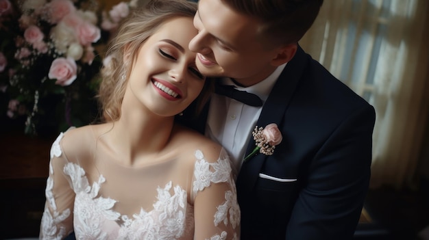 Incredibili sposi sorridenti Bella sposa e sposo alla moda