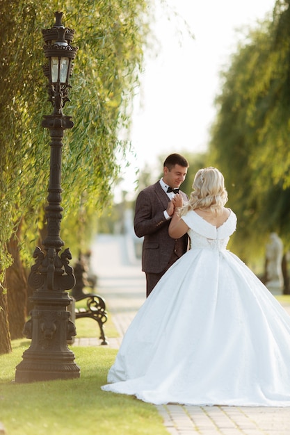 Incredibili sposi sorridenti. Bella sposa e sposo elegante.