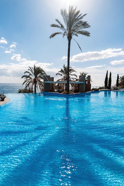 Incredibili vacanze estive con palme da piscina e oceano in una giornata calda e soleggiata a Madeira Portogallo Ombra della palma sull'acqua azzurra