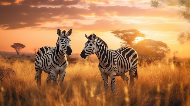 Incredibili zebre africane al concetto di tramonto Una fotografia professionale dovrebbe utilizzare un'IA generativa di alta qualità