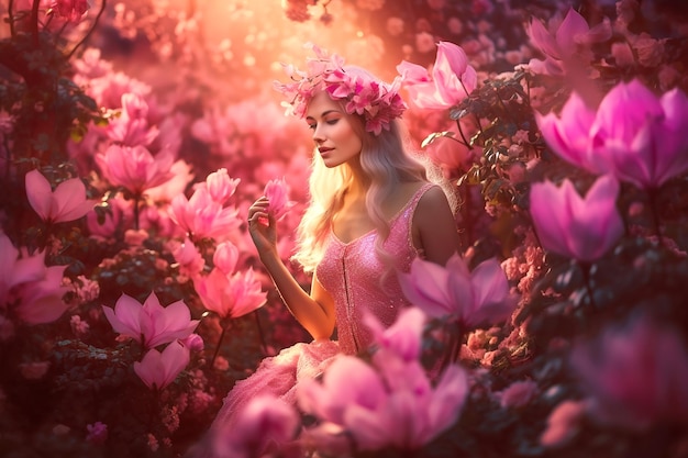 Incredibilmente bella donna bionda fata dei fiori in un giardino fantasy rosa in fiore IA generativa