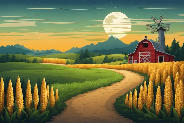 Incrocio di strade illuminato dalla luna Paesaggio rustico di campi di mais con segnaletica in legno