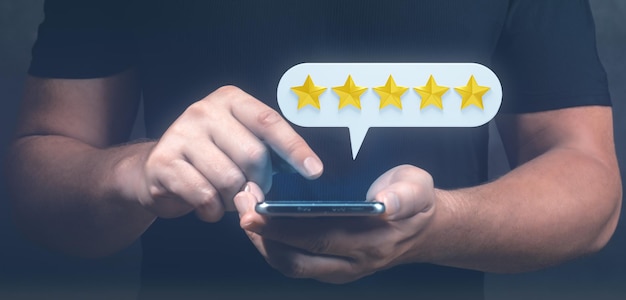 Indagine sulla soddisfazione del cliente Opinione positiva del cliente Cinque stelle Buon servizio Applicazione dell'hotel Valutazione dell'azienda Feedback dei clienti Concetto di marketing