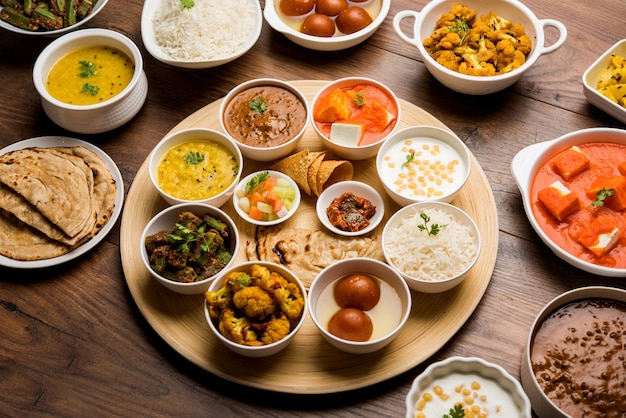 Indian Hindu Veg Thali o piatto di cibo, messa a fuoco selettiva