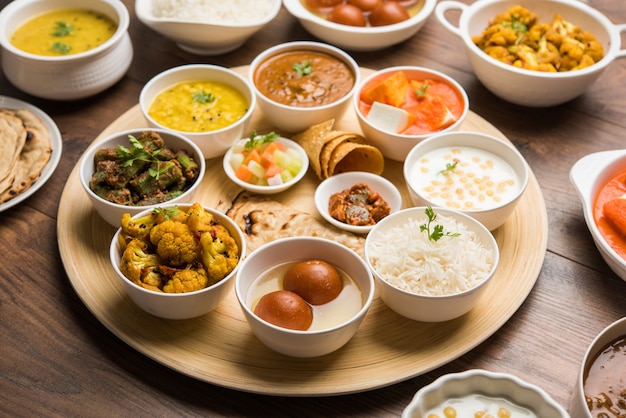 Indian Hindu Veg Thali o piatto di cibo, messa a fuoco selettiva