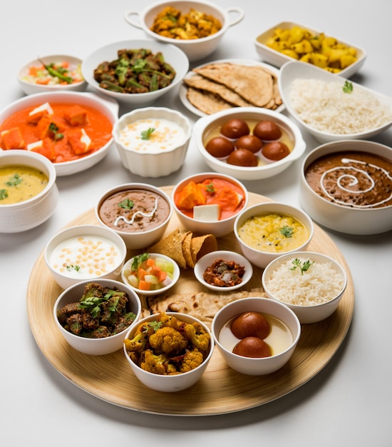 Indian Hindu Veg Thali o piatto di cibo, messa a fuoco selettiva