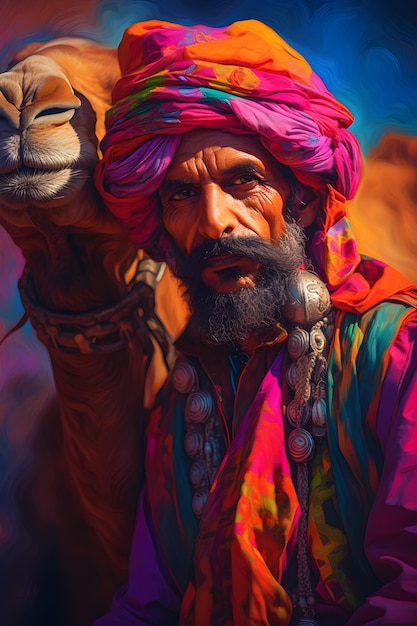 Indiano con cammello ritratto colorato del deserto nel Rajasthan India