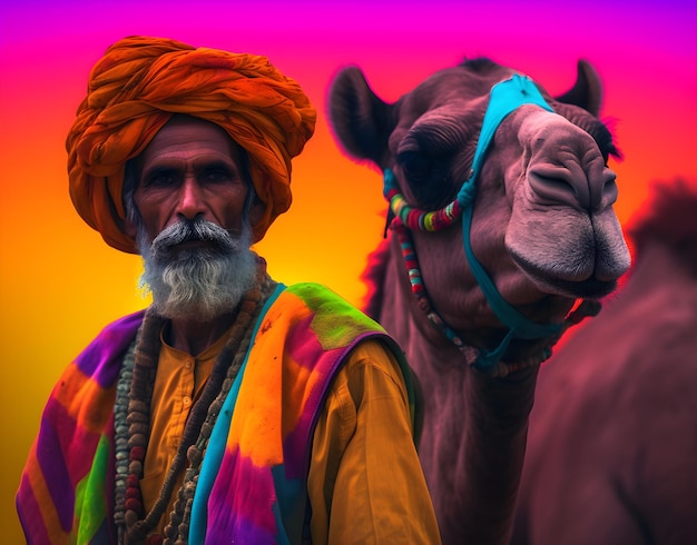Indiano con cammello ritratto colorato del deserto nel Rajasthan India
