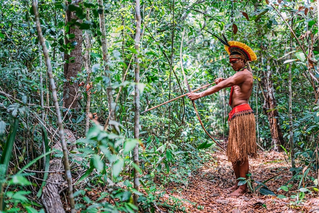 Indiano della tribù PataxÃ³ che usa arco e frecce