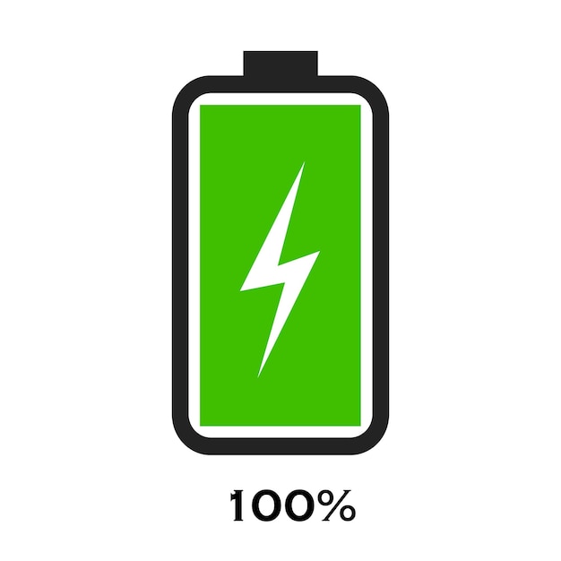 Indicatore di carica della batteria con livello di energia del 100 per cento isolato su sfondo bianco