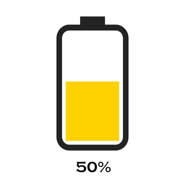 Indicatore di carica della batteria con livello di energia del 50 per cento isolato su sfondo bianco